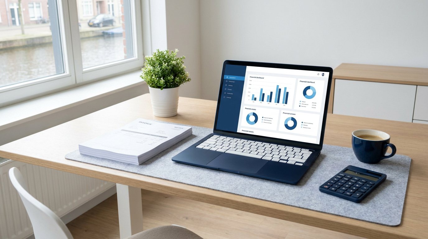 Bureau met laptop en financieel overzicht